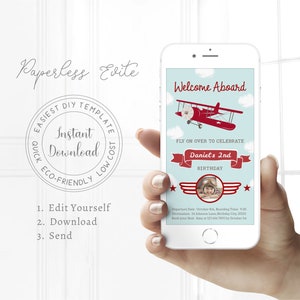 May include: A blue and white digital invitation for a child's 2nd birthday party. The invitation features a red airplane flying in the sky with clouds. The text "Welcome Aboard" is at the top of the invitation. The text "Fly on over to celebrate Daniel's 2nd Birthday" is in the middle of the invitation. A photo of a child wearing a pilot's hat is in the bottom right corner of the invitation. The text "Departure Date: October 8th, Boarding Time: 9:30 Destination: 24 Johnson Lane, Birthday City, 20123 Book your Seat: Amy at 123 456 7891 by October 1st" is at the bottom of the invitation.