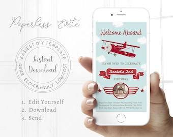 Digital Airplane Birthday Invitation, Airplane Birthday Evite, DIY Smartphone Airplane Invitation for a Boy, Editable Airplane Party Invite