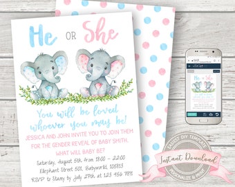 Könnte beinhalten: Eine Einladung zur Geschlechtsenthüllung mit dem Text "He or She" und zwei Zeichentrick-Elefanten. Die Einladung enthält Veranstaltungsdetails und den Satz "You will be loved whoever you may be!" Ein Smartphone zeigt die Einladung.