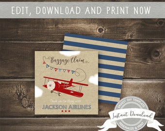 Airplane Favor Tags, Instant Access, Editable and Printable by you with Corjl, Square Labels, Airplane Birthday Party Favors, Thank You Tags