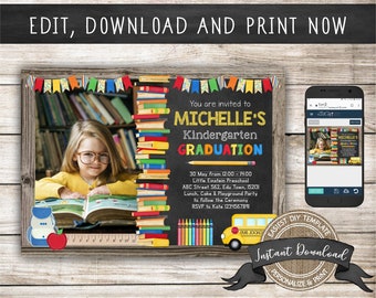 May include: A printable invitation for a kindergarten graduation party. The invitation features a chalkboard background with the text "You are invited to Michelle's Kindergarten Graduation". There is a photo of a young girl in the top left corner, and a school bus and crayons in the bottom right corner.
