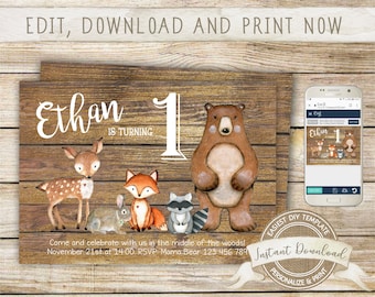 Woodland Birthday Invitation for Boy, Printable and Editable by you with Corjl, Instant Download