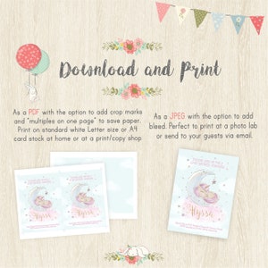 May include: A baby shower invitation with a unicorn theme. The invitation features a sleeping unicorn on a crescent moon, with the name "Alyssa" in gold script. The text "Download and Print" is at the top.