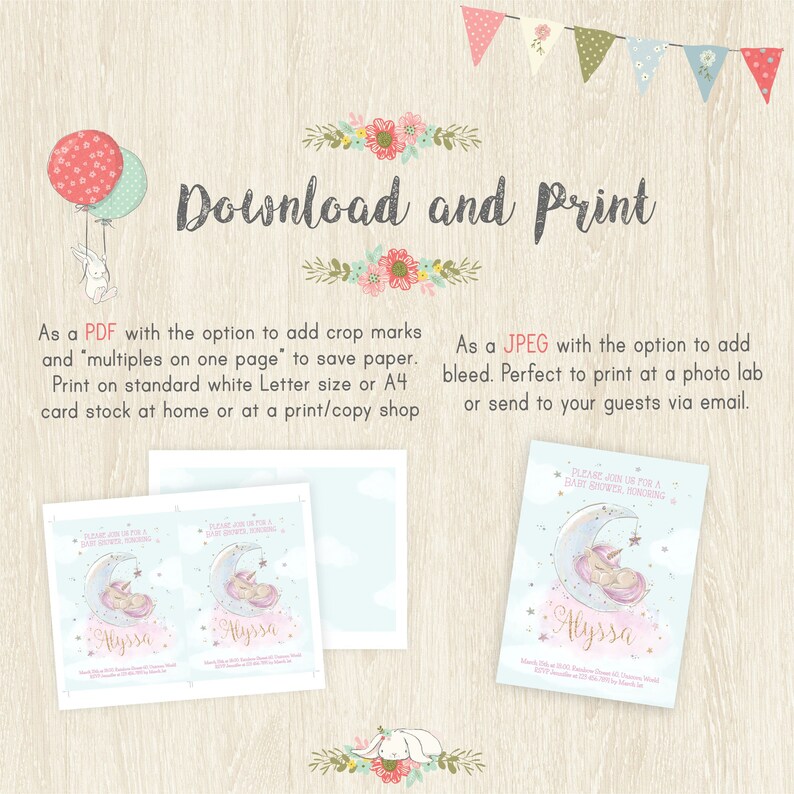 May include: A baby shower invitation with a unicorn theme. The invitation features a sleeping unicorn on a crescent moon, with the name "Alyssa" in gold script. The text "Download and Print" is at the top.