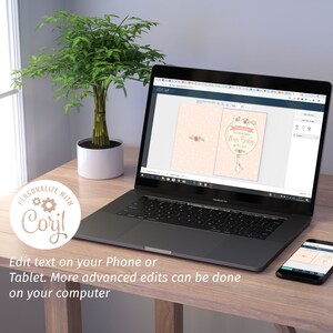 May include: A laptop screen shows a baby shower invitation design with the text "Thank You For Celebrating Our Baby With Love." The design includes floral accents and a bunny illustration. A smartphone and a potted plant are also visible. The image includes the text "Personalize with Corjl."