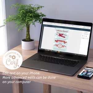 May include: A laptop screen displaying a printable invitation for a child's birthday party. The invitation features a red airplane flying over clouds with the text "Welcome Aboard" and "Fly on over to celebrate Daniel's 2nd Birthday".