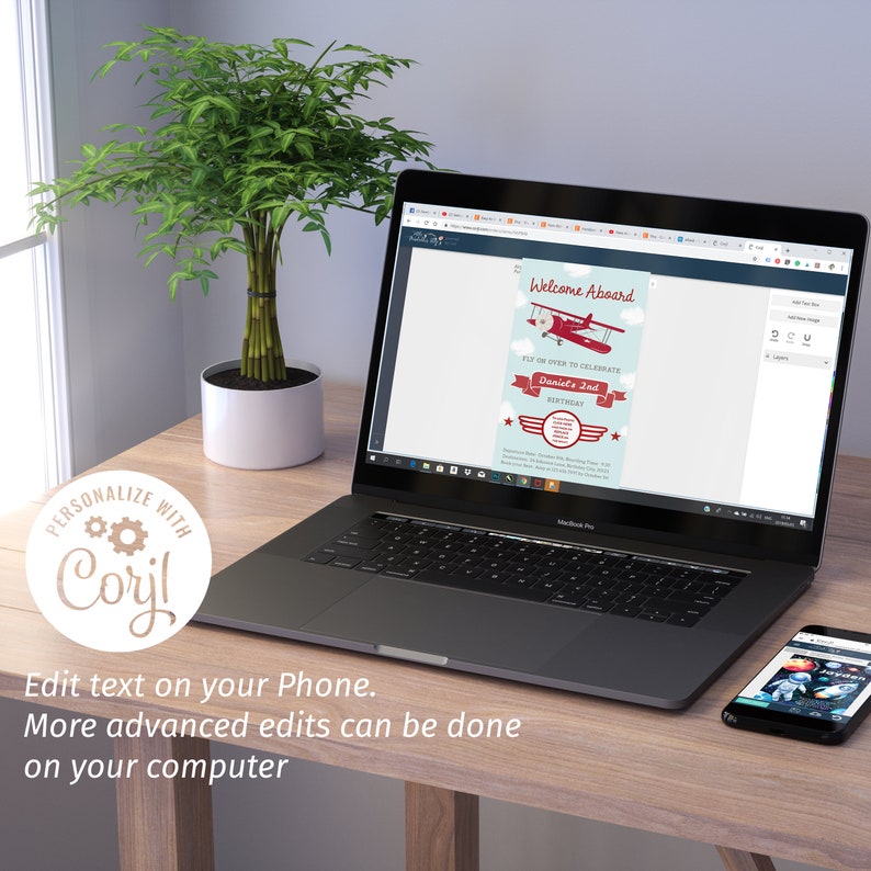 May include: A laptop screen displaying a printable invitation for a child's birthday party. The invitation features a red airplane flying over clouds with the text "Welcome Aboard" and "Fly on over to celebrate Daniel's 2nd Birthday".