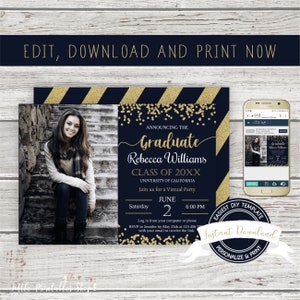 Virtual Graduation Invitation, INSTANT DOWNLOAD, Editable Graduation Photo Invite, DIY Printable Template, Digital Graduation Announcement