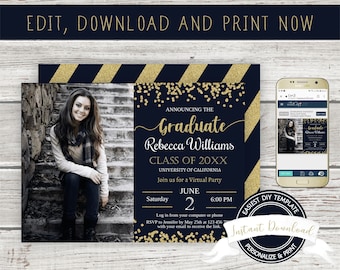 Virtual Graduation Invitation, INSTANT DOWNLOAD, Editable Graduation Photo Invite, DIY Printable Template, Digital Graduation Announcement