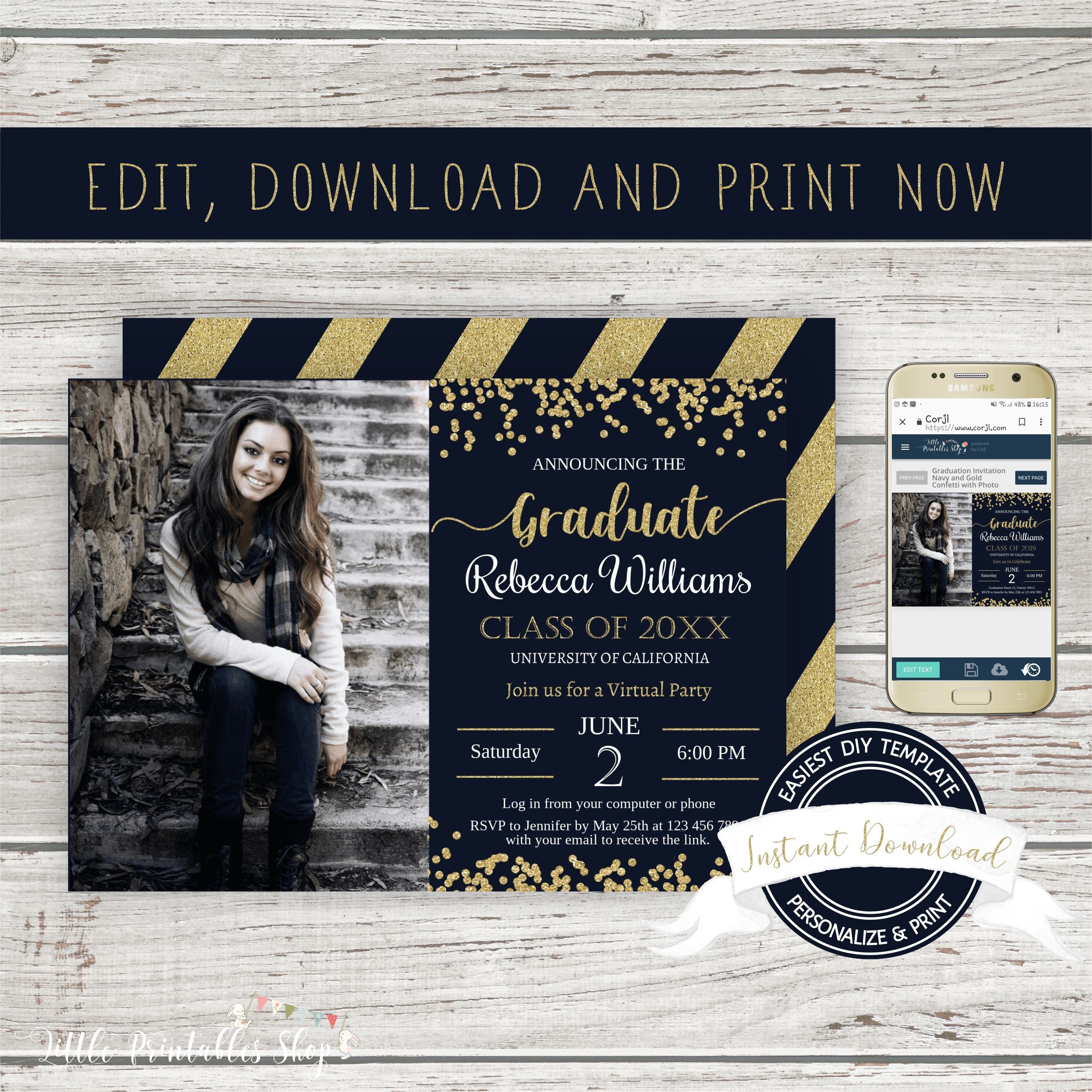 Virtual Graduation Invitation, INSTANT DOWNLOAD, Editable Graduation ...