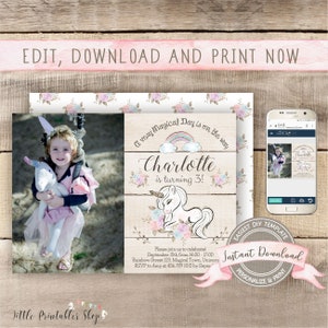 May include: A birthday invitation with a unicorn theme. The invitation features a photo of a young girl, a unicorn illustration, and the text "Charlotte is turning 3!" The design includes floral accents and a rainbow.