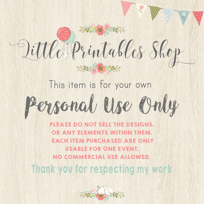 May include: A light wood-grain background with the text "Little Printables Shop" in elegant script. The phrase "Personal Use Only" is prominently displayed. Additional text clarifies usage restrictions, including no commercial use.