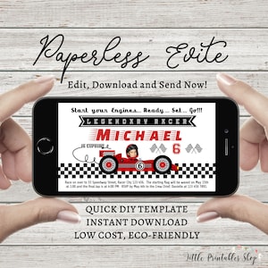 Digital Race Car Birthday Photo Invitation, INSTANT DOWNLOAD, Editable Racing Car Party Invite, FREE Printable Version Inc. Grand Prix Evite