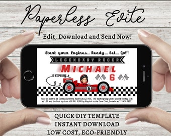 Digital Race Car Birthday Photo Invitation, INSTANT DOWNLOAD, Editable Racing Car Party Invite, FREE Printable Version Inc. Grand Prix Evite