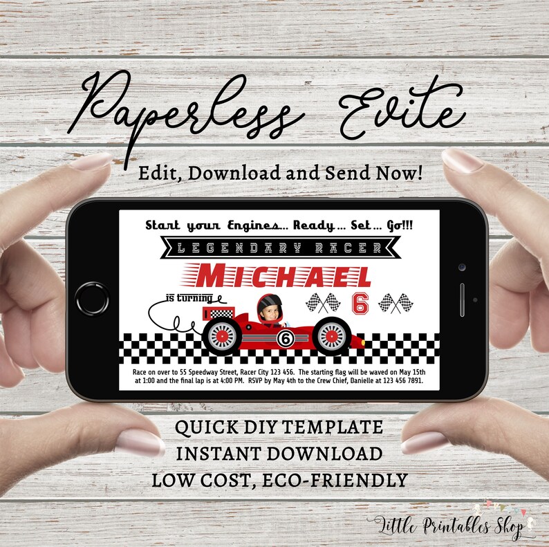 Digital Race Car Birthday Photo Invitation, INSTANT DOWNLOAD, Editable Racing Car Party Invite, FREE Printable Version Inc. Grand Prix Evite bild 1