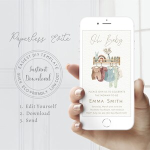 Boho Baby Shower Invitation, Baby Shower Clothes Evite, Digital Baby Shower Invite, DIY Bohemian Baby Shower Template, Gender Neutral