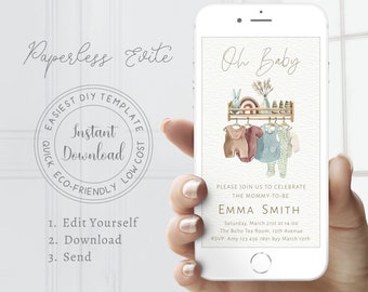 Boho Baby Shower Invitation, Baby Shower Clothes Evite, Digital Baby Shower Invite, DIY Bohemian Baby Shower Template, Gender Neutral