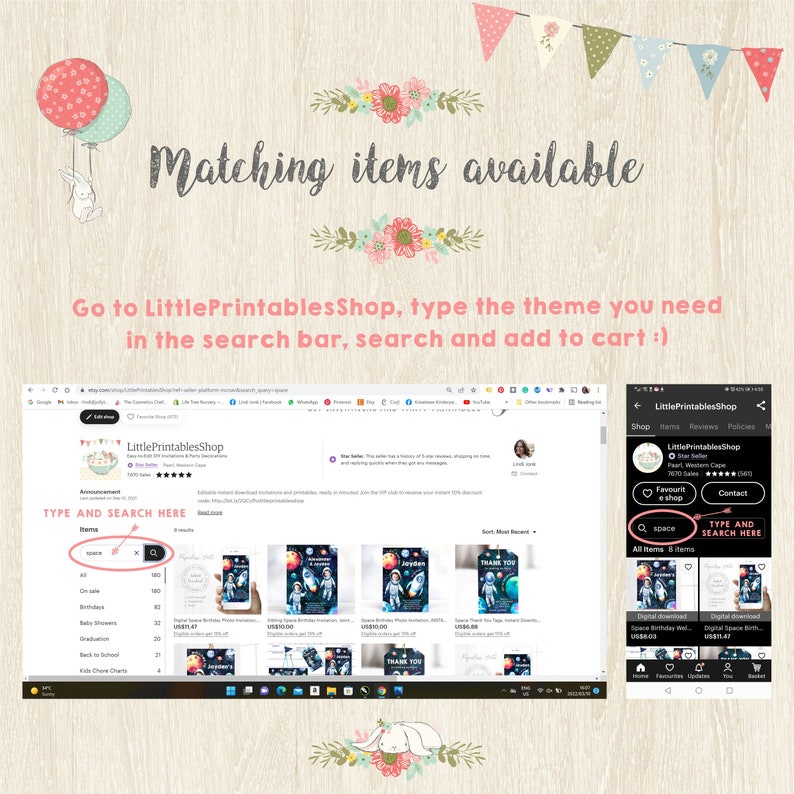Pu&ograve; includere: Schermata di un computer che mostra un sito web di articoli per feste stampabili. Il sito web si chiama LittlePrintablesShop. Il sito web ha una barra di ricerca con il testo "TYPE AND SEARCH HERE" e un elenco di articoli in vendita, tra cui inviti, biglietti di ringraziamento e altri articoli per feste. Il sito web ha anche una sezione di recensioni dei clienti con una valutazione a 5 stelle.