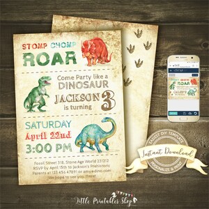 May include: A dinosaur-themed birthday party invitation with a green and red dinosaur illustration. The invitation reads "Stomp Chomp Roar Come Party like a Dinosaur Jackson 3 is turning Saturday April 22nd 3:00 PM Fossil Street 318, Stone Age World 231212 RSVP by April 15th to Jackson's Prehistoric Parents at 123 456 47891 or amy@dino.com We hope to see you there!"
