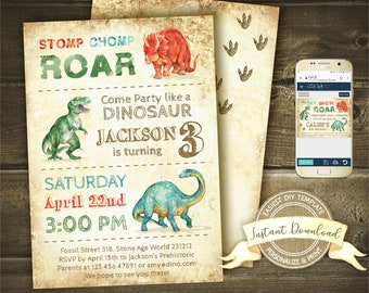 Dinosaur Invitation, Instant Access, Editable Dinosaur Birthday Invite, Printable T-Rex Template, Digital Boy Birthday Party Invitation