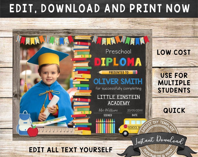 Editable Kindergarten Diploma With Photo, Any Grade, INSTANT DOWNLOAD ...