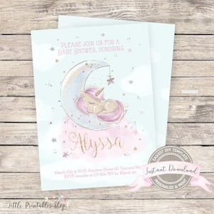 May include: A baby shower invitation featuring a sleeping unicorn on a crescent moon. The invitation has a light blue background with stars and clouds. The name "Alyssa" is written in gold glitter, with event details below. The words "Instant Download" are also visible.