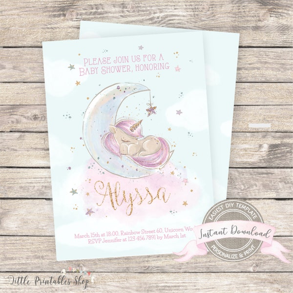 Unicorn Baby Shower Invitation, Editable and Printable by You, Instant Download, DIY Digital, Pastel Girl Baby Shower Invite