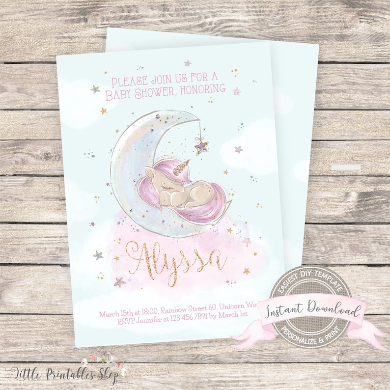 May include: A baby shower invitation featuring a sleeping unicorn on a crescent moon. The invitation has a light blue background with stars and clouds. The name "Alyssa" is written in gold glitter, with event details below. The words "Instant Download" are also visible.