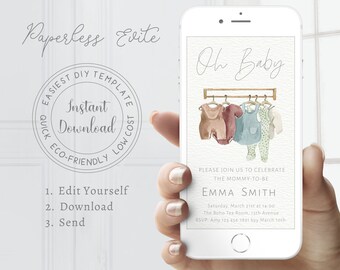 Digital Baby Shower Invitation for a Boy or Girl, Editable Baby Clothes Shower Invite, Smartphone Gender Neutral Baby Shower Template