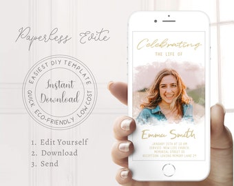 Digital Funeral Photo Invitation, Editable Phone Memorial Invite, Modern Memorial Evite, Funeral Announcement Template, DIY Memorial Evite