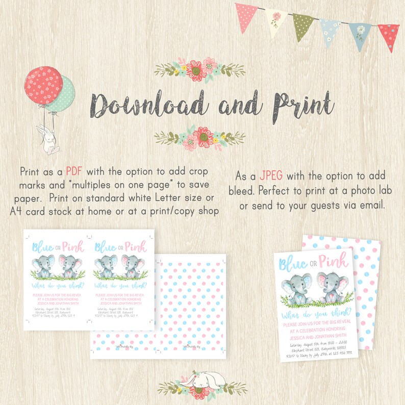 K&ouml;nnte beinhalten: Babyparty-Einladungskarten mit blauem und rosa Thema. Die Karten zeigen Aquarellelefanten und den Text "Blue or Pink? What do you think?" Das Design umfasst Punkte und florale Akzente. Der Text "Download and Print" ist ebenfalls sichtbar.
