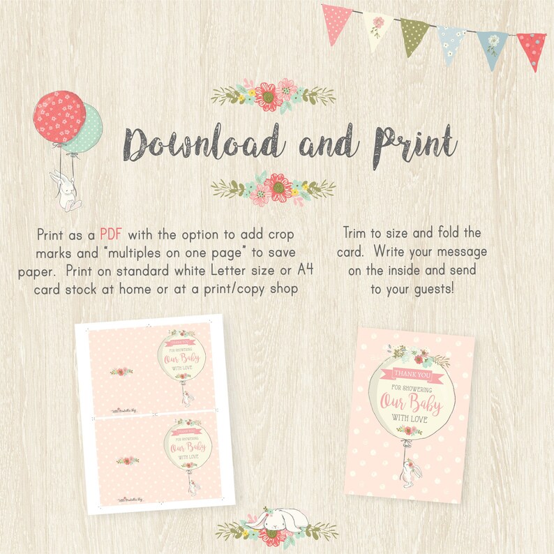 May include: A baby shower invitation design with a pink polka dot background. The design features a balloon, a bunny, and the text "Thank You For Showering Our Baby With Love". The words "Download and Print" are also visible.