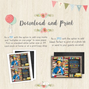 May include: Printable invitation for a kindergarten graduation party. The invitation features a chalkboard background with the text "Oliver's Kindergarten Graduation" and a school bus illustration. The invitation also includes a photo of a child in a graduation cap and gown.
