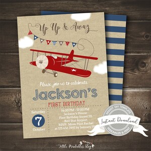 Airplane Birthday Invitation, Up Up and Away Invite, Editable and Printable by you with Corjl, Boy Party Invitation, Instant Access EDIT NOW