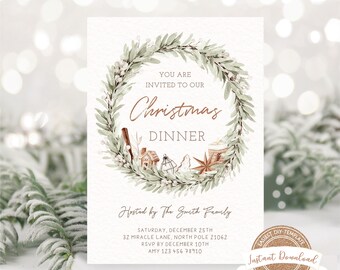 Editable Christmas Dinner Invitation, Printable Christmas Invite, Digital Boho Christmas Invitation Template, Modern Christmas Party Invite