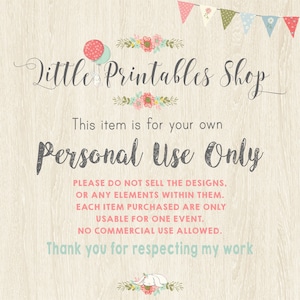 Puede incluir: Fondo claro con vetas de madera y el texto "Little Printables Shop" en escritura elegante. La frase "Personal Use Only" se muestra de forma destacada. Texto adicional aclara las restricciones de uso, incluida la no utilizaci&oacute;n comercial.