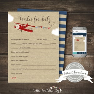 Puede incluir: Una tarjeta de juego de baby shower imprimible con un avión rojo y un fondo a rayas azules y blancas. La tarjeta tiene el texto "Wishes for Baby" e incluye indicaciones para que los invitados escriban sus deseos para el nuevo bebé.