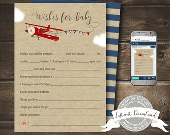 May include: A printable baby shower game card with a red airplane and blue and white striped background. The card has the text "Wishes for Baby" and includes prompts for guests to write down their wishes for the new baby.