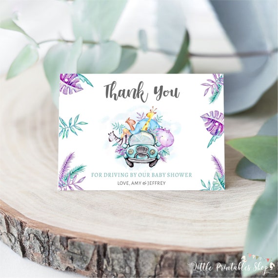 Editable Drive-By Thank you Cards, Instant Download, Gender Neutral Baby Shower, Printable Safari Baby Shower Thank You Cards Il_570xn