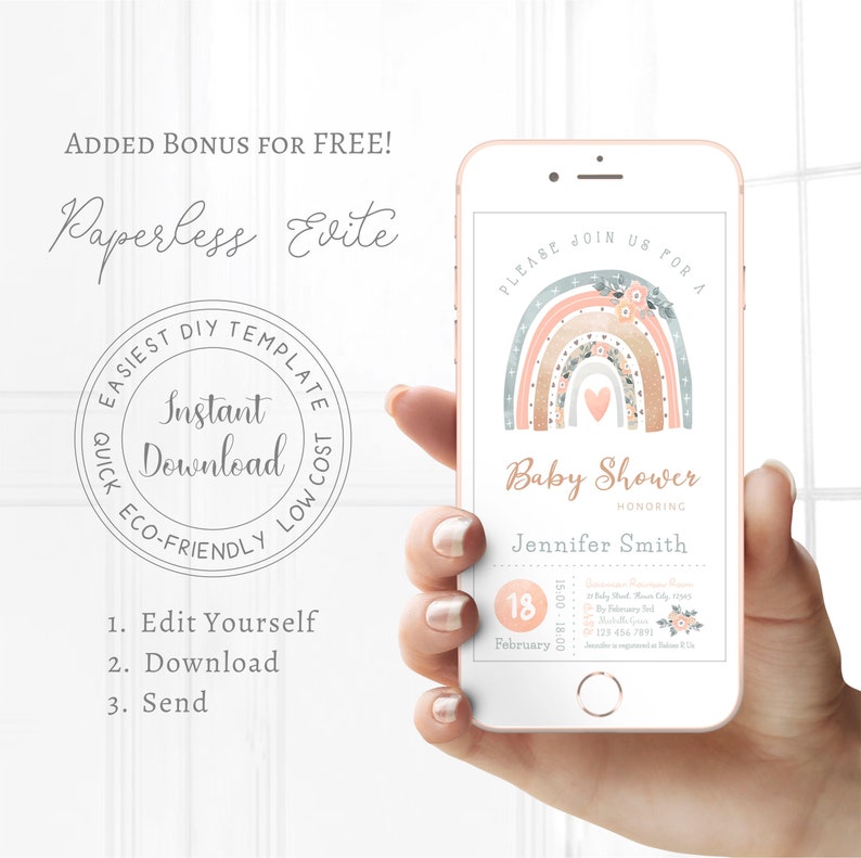 May include: A smartphone displays a baby shower invitation with a rainbow design. The invitation includes the text "Baby Shower" and the name "Jennifer Smith." Additional text includes "Edit Yourself," "Download," and "Send."