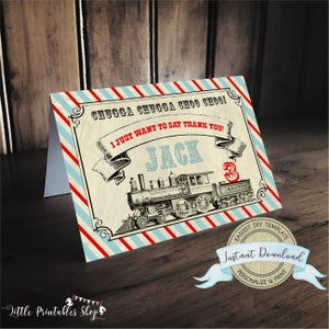 Train Birthday Thank You Card, Instant Download, Editable and Printable by you with Corjl, Boy Birthday Thank You