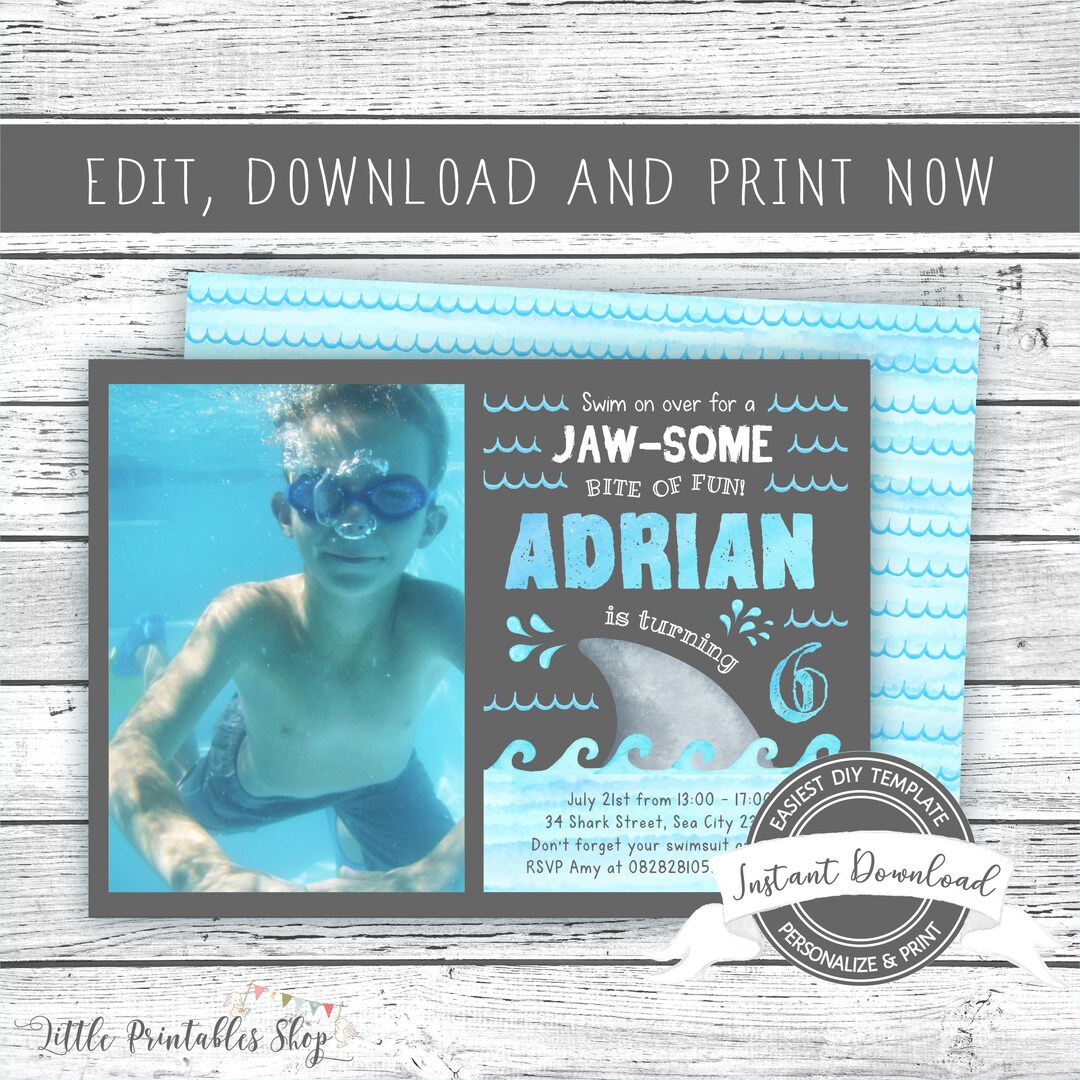 Printable Shark Birthday Invitation With Photo, Instant Download ...