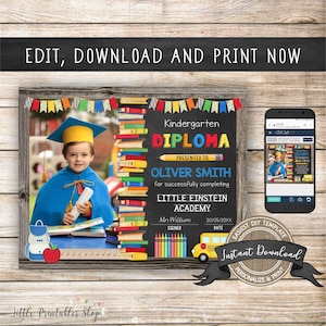 Editable Kindergarten Diploma with Photo, Any Grade, INSTANT DOWNLOAD, Printable Preschool Certificate, Graduation Diploma