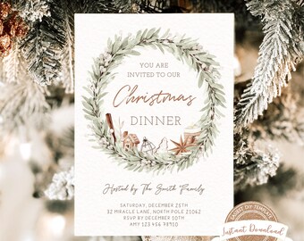 Christmas Invitation, Editable Christmas Dinner Invite, Printable Boho Christmas Dinner Invitation Template, DIY Christmas Party Invite