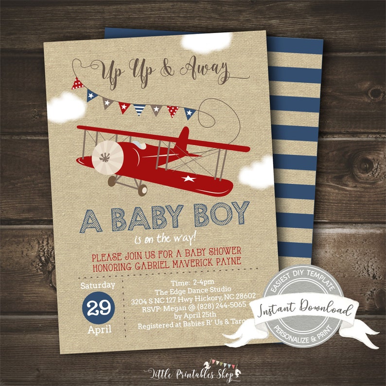 May include: A baby shower invitation featuring a red aeroplane flying in the sky. The invitation is for a baby boy named Gabriel Maverick Payne. The invitation includes the date, time, and location of the shower. It also includes the RSVP information and the registry information.
