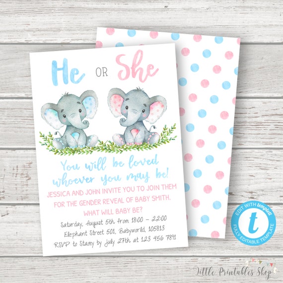 Download Gender Reveal Invitation INSTANT DOWNLOAD Elephant Baby | Etsy