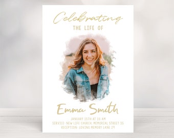 Memorial Invitation, Editable Funeral Invitation, Funeral Invite, DIY Funeral Announcement Template, Watercolor Memorial Photo Invitation