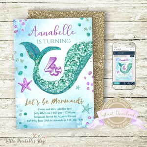 May include: A mermaid-themed birthday invitation with the text "Annabelle is Turning 4". The design features a teal mermaid tail with glitter accents, starfish, and the phrase "Let's be Mermaids". The invitation is on a light blue watercolor background.