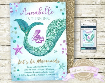 Mermaid Invitation, Instant Download, Editable by you with Corjl, Mermaid Birthday Party Invite for a Girl
