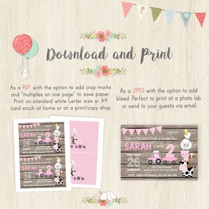 May include: A printable invitation design with the text "Download and Print." The design features a pink and white gingham pattern, a tractor, and farm animals. The invitation includes the name "SARAH" and the date.